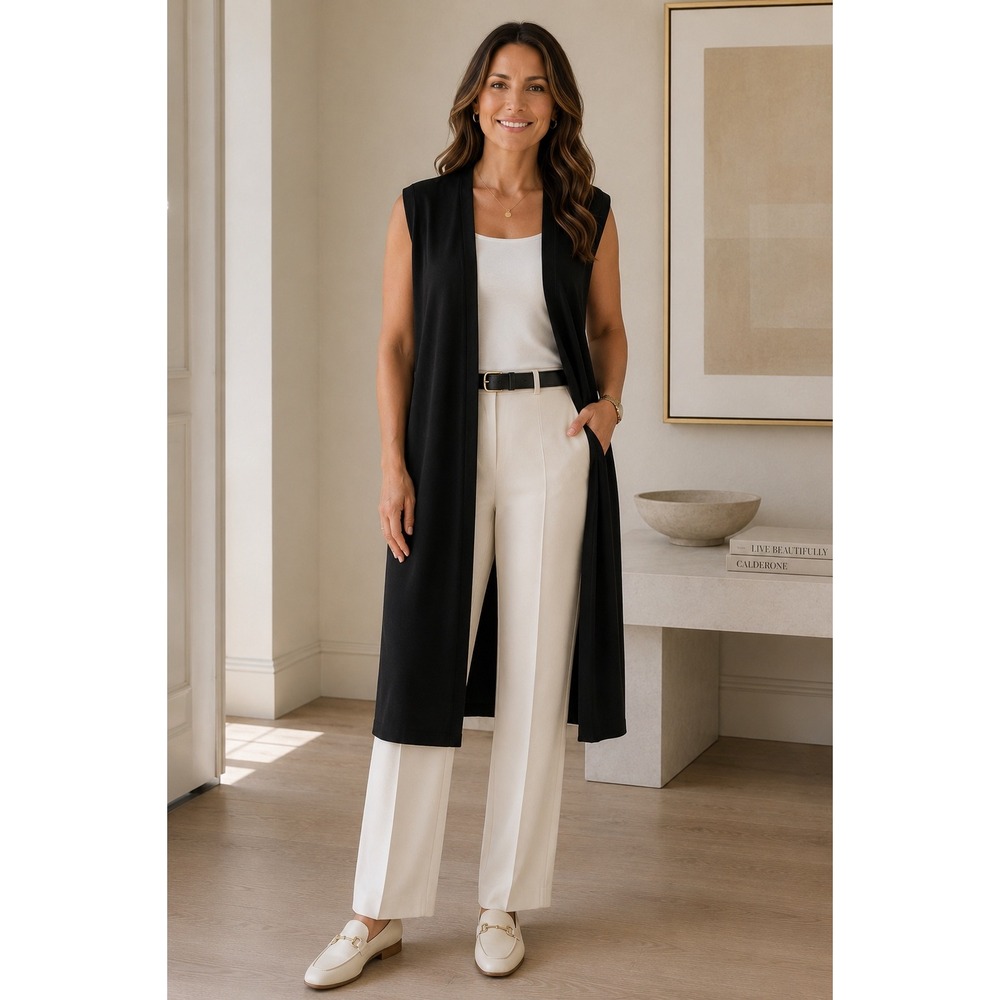 JAG Black Sleeveless Longline Open Front Duster Vest XL Minimalist Old Money